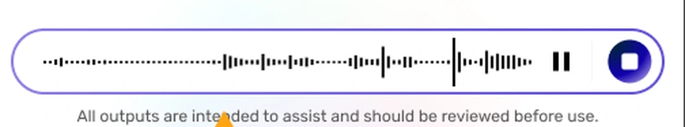 A voice recording waveform with scrub, pause and stop controls, above the standing disclaimer.