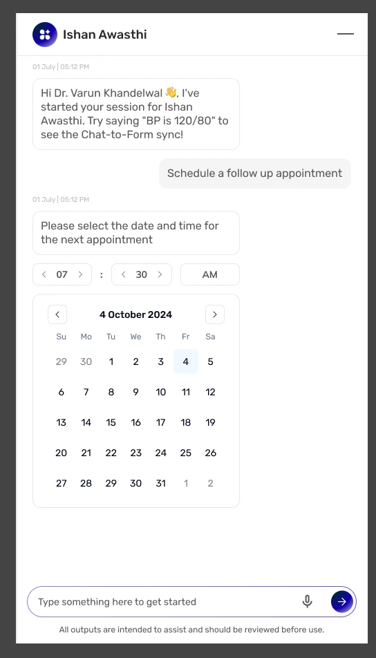 A calendar rendered inline inside the conversation for picking an appointment date.