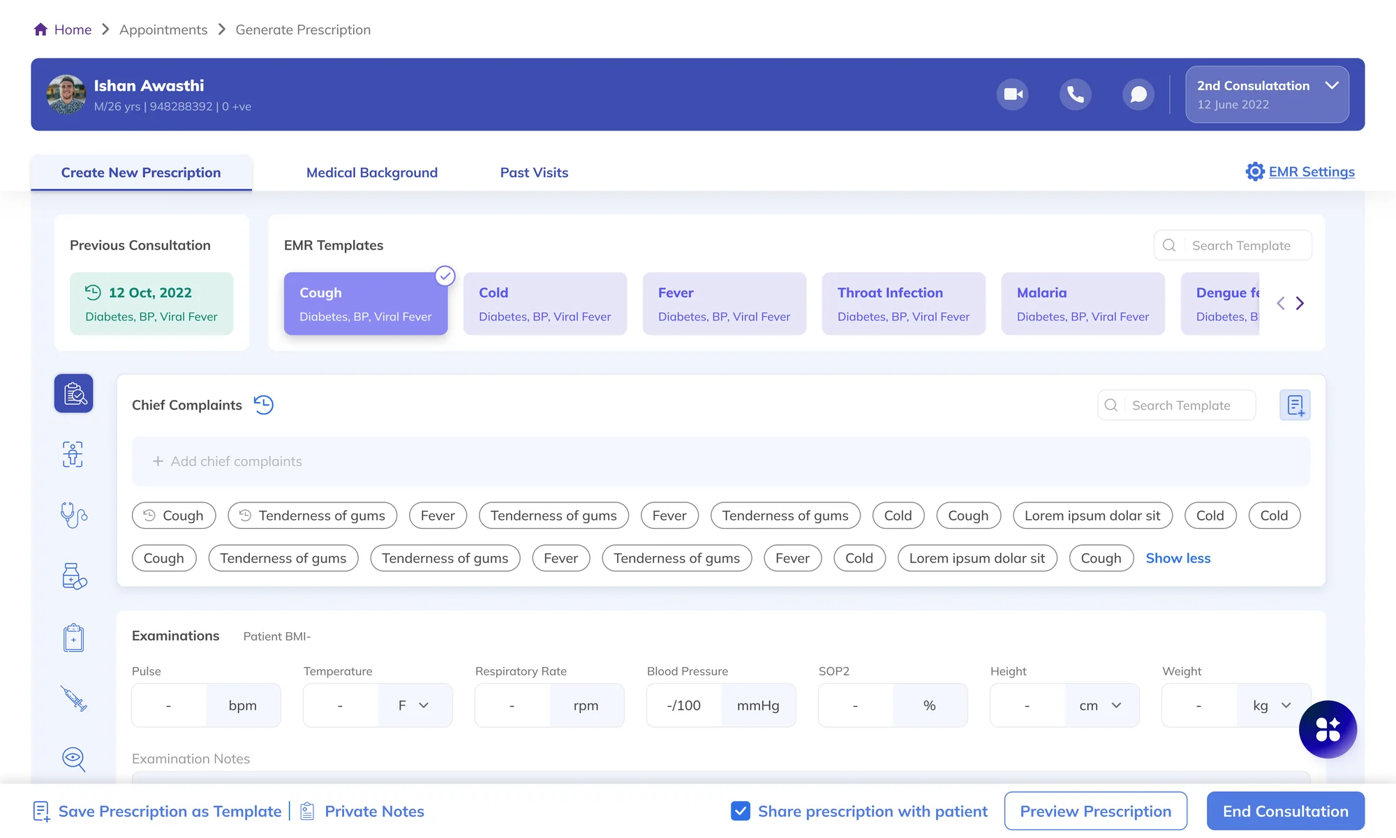 The existing prescription record at Bajaj Finserv Health: patient header, EMR templates, chief complaints, examinations and the footer actions.