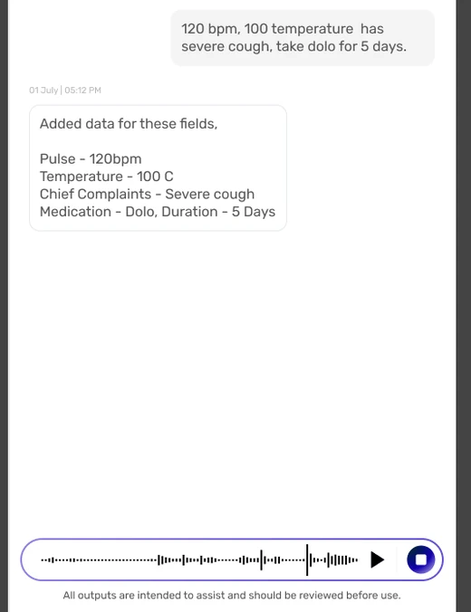 Voice capture running: a waveform with playback controls beneath the fields the assistant has already written.