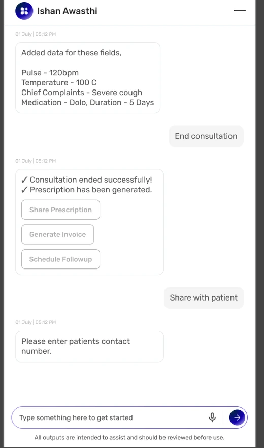 Consultation ended successfully, prescription generated, with share, invoice and follow-up offered.
