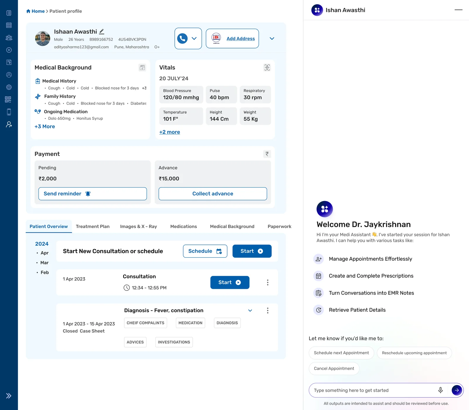The patient profile for Ishaan Awasthi, with medical background, vitals and payment, and the assistant open at the right.