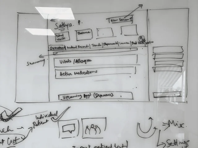 A whiteboard covered in hand-drawn wireframes: chat, patient list, calendar, settings.