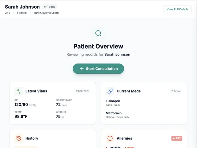 The standalone platform's patient overview: vitals, medications, history and allergies as cards above a Start Consultation button.