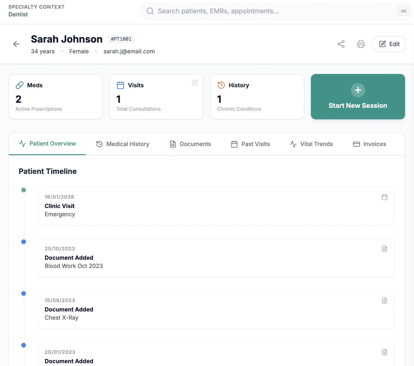 The standalone platform's detailed patient record with a patient timeline, the direction that was dropped.