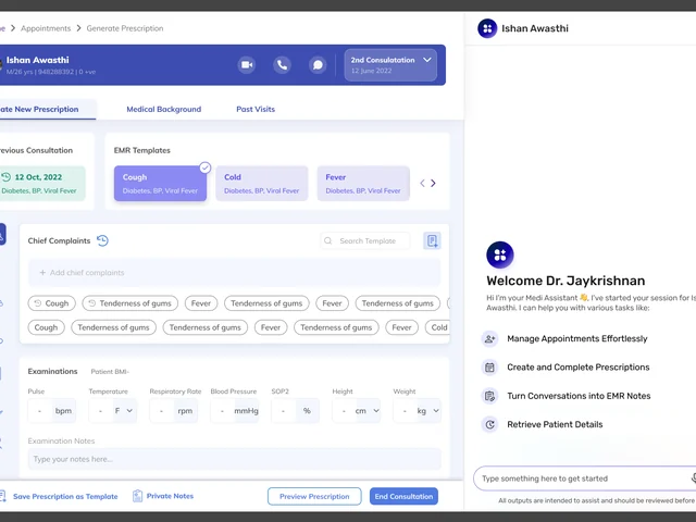 The existing prescription screen with the assistant docked at the right.