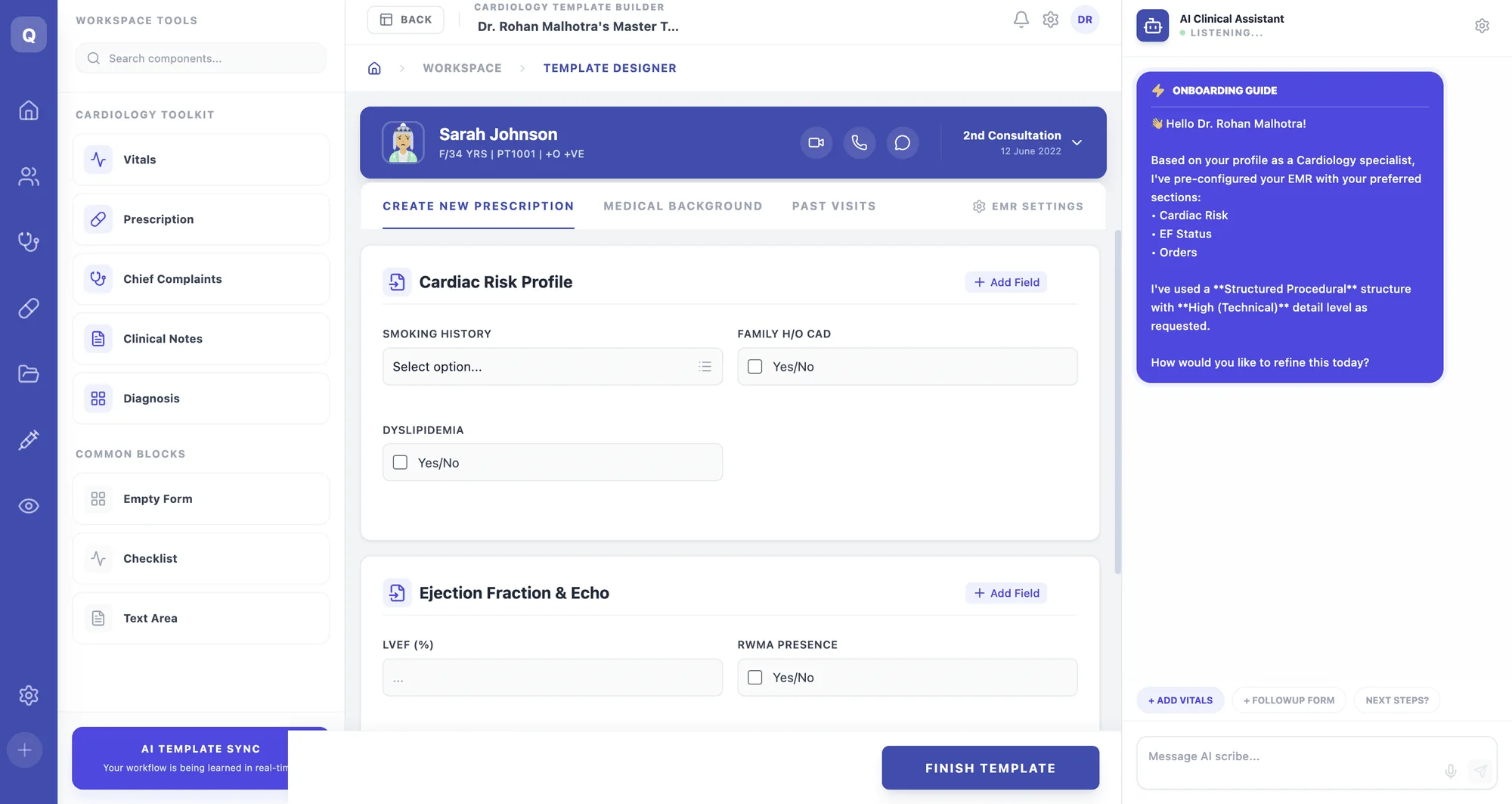 The template designer for a cardiologist: Cardiac Risk Profile and Ejection Fraction and Echo blocks, with the AI clinical assistant's onboarding guide explaining what it pre-configured.