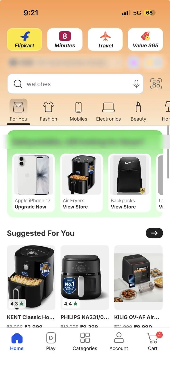 Flipkart home: service tabs across the top, a search field, a category tab row, a personalised continue-browsing shelf and a suggested-for-you grid with ratings and struck-through prices.