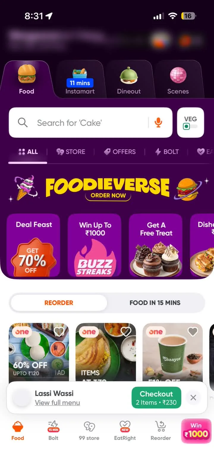 Swiggy Instamart: a mode switcher across Food, Instamart, Dineout and Scenes, a search field, and filter chips for store, offers and speed.