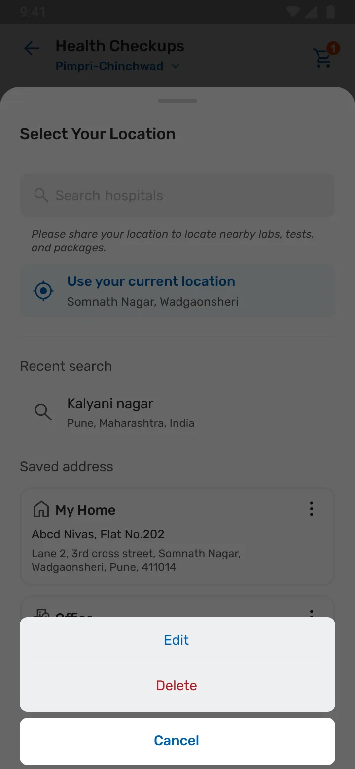 Saved addresses with an edit and delete action sheet.