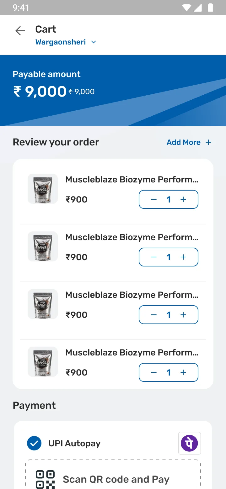 Cart: one payable amount over vendor line items.