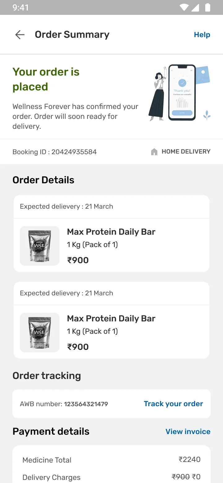 Confirmation: order placed, with tracking and a payment breakdown.