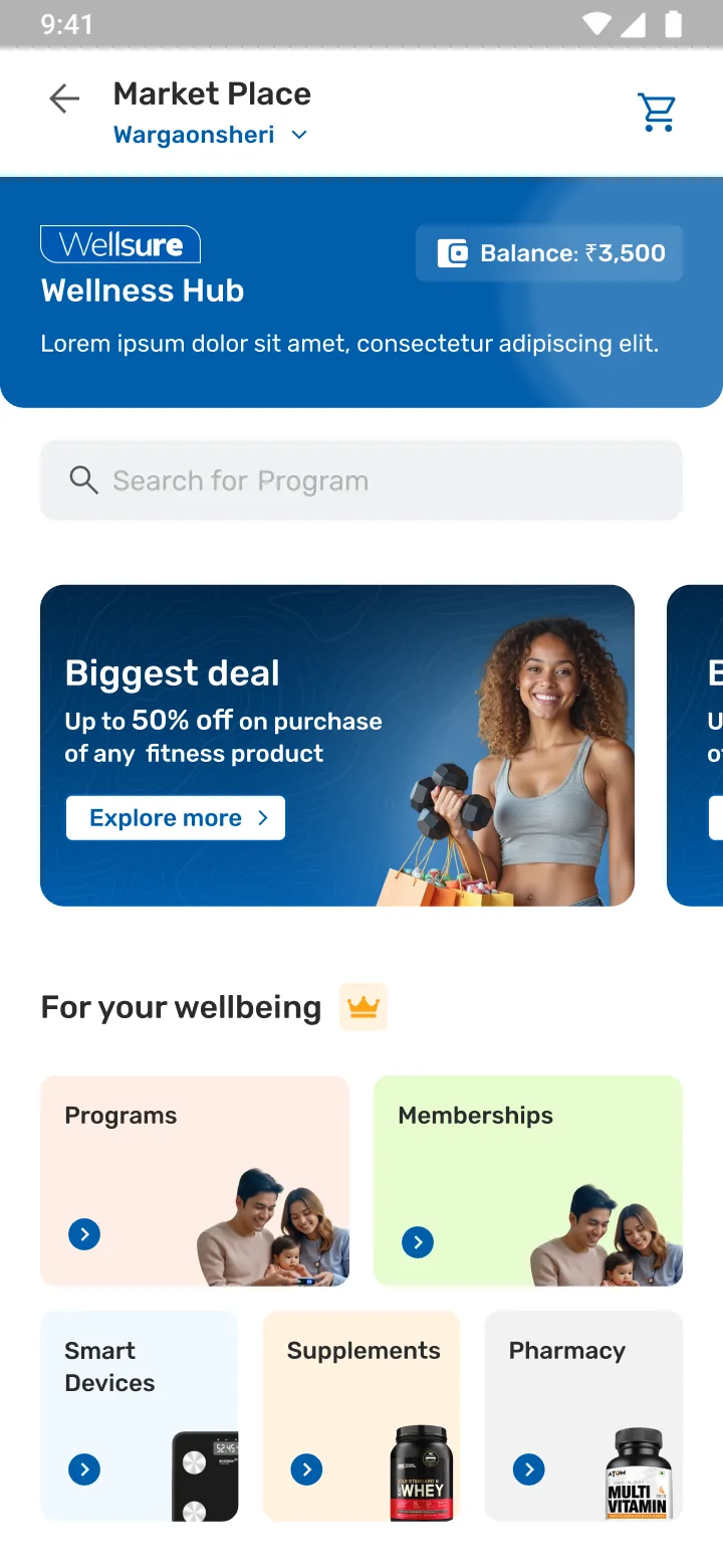 Home: wallet balance in the header above entitlement tiles.