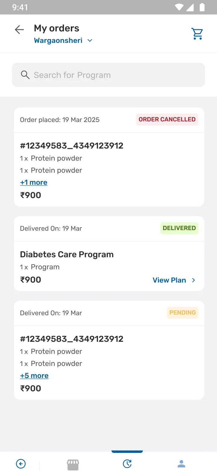 My orders: history showing delivered, pending and cancelled states against unified order IDs.