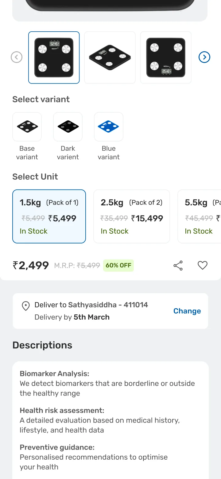 Product page: variant swatches above a unit selector giving each pack size its own price and stock state.