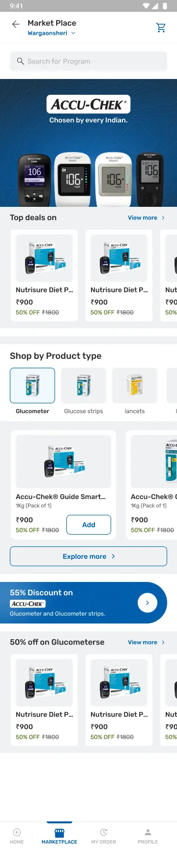 Brand page in full: an Accu-Chek hero banner with the product lineup, a Top deals row, Shop by Product type filters for glucometer, glucose strips and lancets, product cards with an Add action, an Explore more link, a 55% discount band and a 50% off row, above the bottom tab bar.