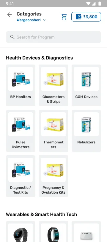 Categories: Health Devices and Diagnostics as a tile grid of BP monitors, glucometers, CGM devices and test kits, with Wearables and Smart Health Tech below.