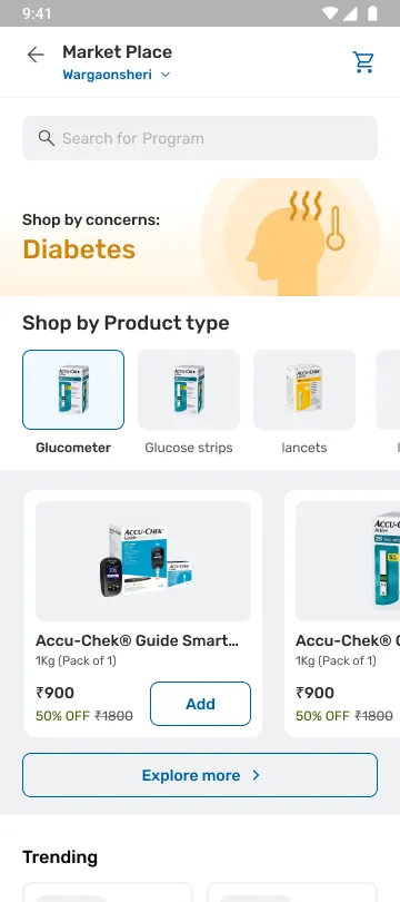 Shop by concern: a Diabetes header over Shop by Product type filters, product cards and a trending row.