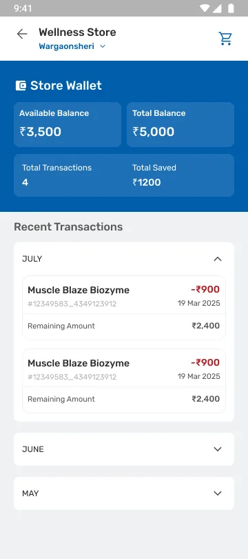 Store Wallet: available balance against total balance, total saved, and a dated transaction list.