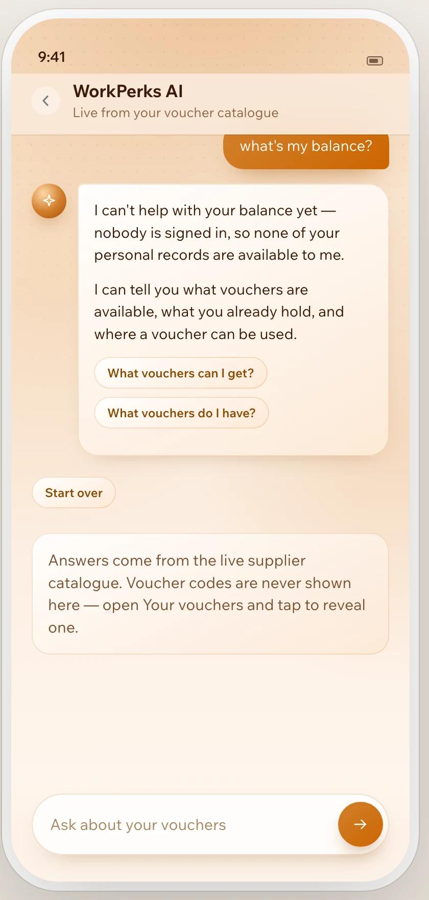 The assistant answering that it cannot help with a balance because nobody is signed in, then listing what it can do, with two suggested follow-up questions.