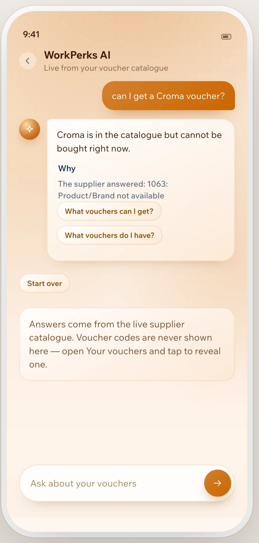 An answer reading Croma is in the catalogue but cannot be bought right now, with a heading Why and the supplier's own message, product or brand not available.