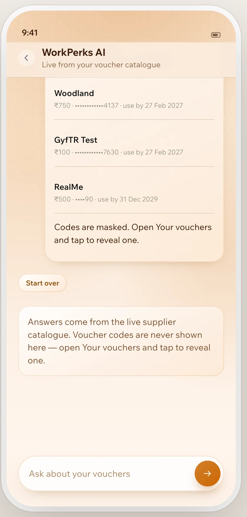 Held vouchers listed with brand, value and expiry. One code shows four trailing characters, another shows two, and a line explains codes are masked.