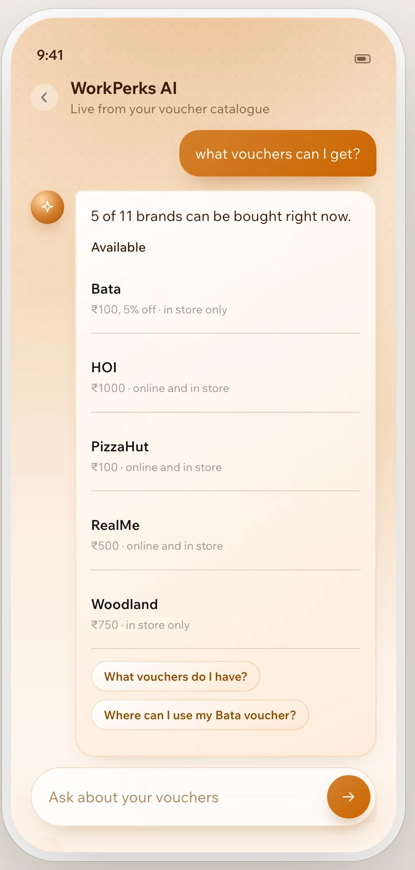 The voucher answer in the app: brands with their values and stock, read live from the supplier.