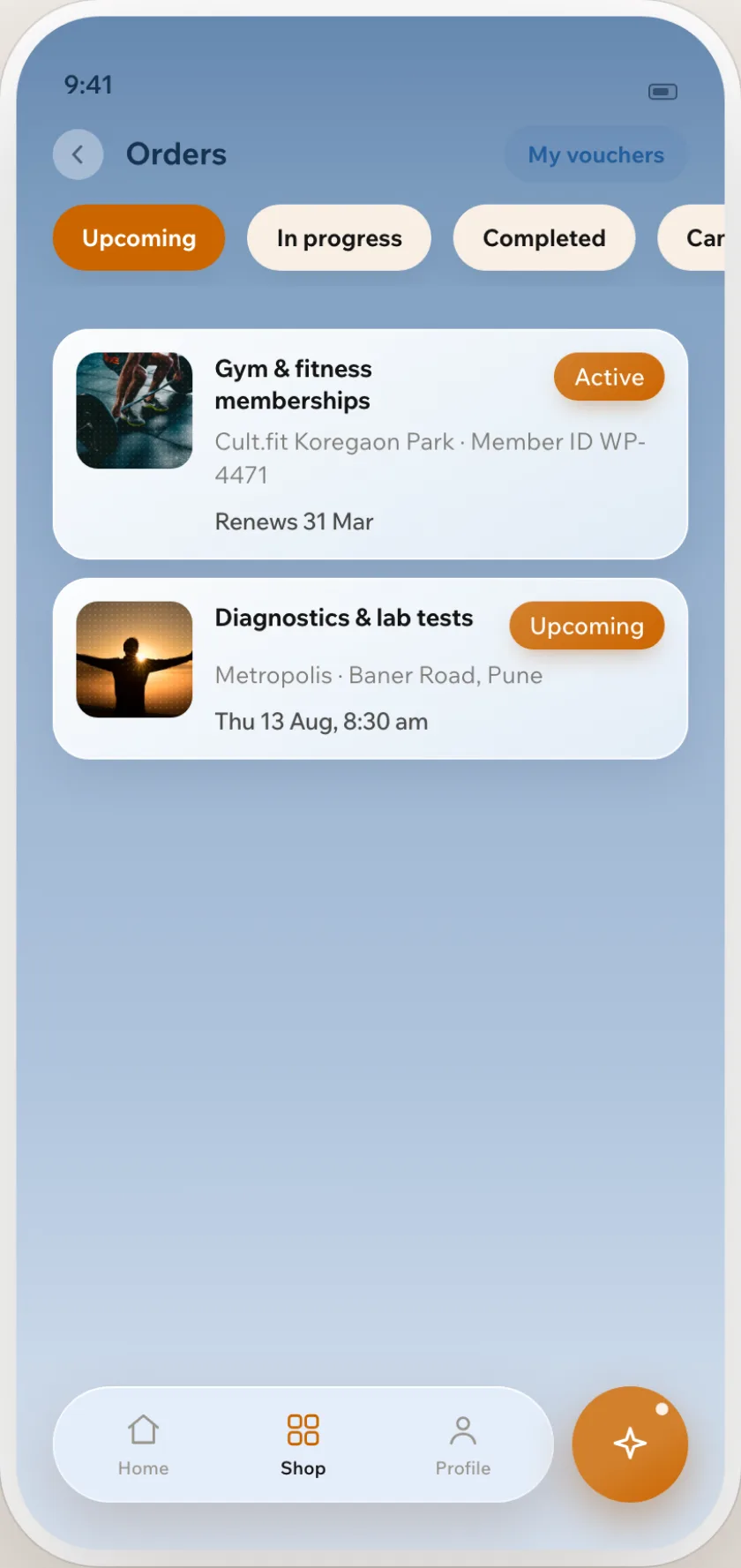 The Orders screen in the employee app: an active gym membership and an upcoming lab test.