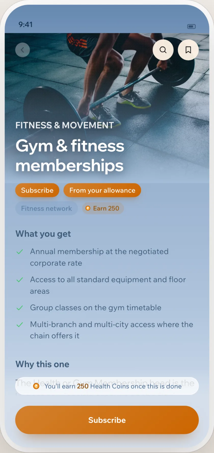 The Gym & fitness memberships screen in the employee app, with a Subscribe button.